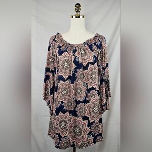 Lildy Tunic Top Bell Sleeve Flower Design Sz Lg Boho Hippie Cottagecore Peasant‎